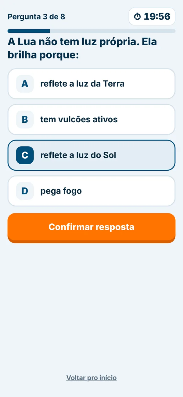 Atividade no celular do aluno: pergunta 3 de 8, cronômetro e alternativas embaralhadas
