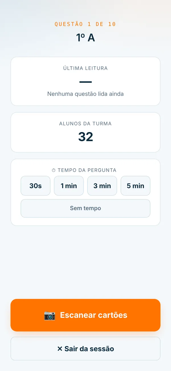 Celular com a questão atual, total de alunos e botão Escanear cartões