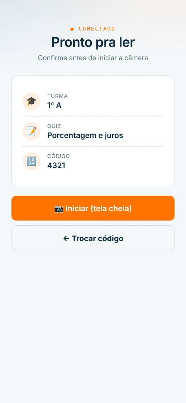 Celular conectado à aula mostrando turma, quiz e código