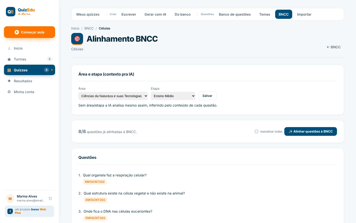Tela de alinhamento à BNCC: cada questão com a habilidade identificada pela IA e 8 de 8 questões alinhadas