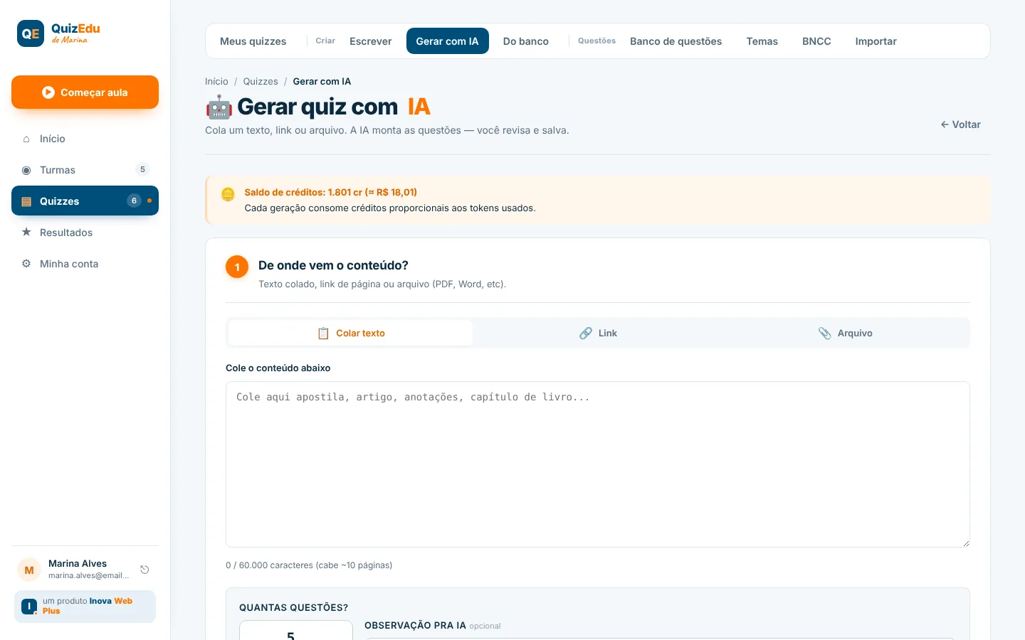Tela de geração de questões com IA — três botões: 'Colar texto', 'Subir PDF', 'Link do YouTube'